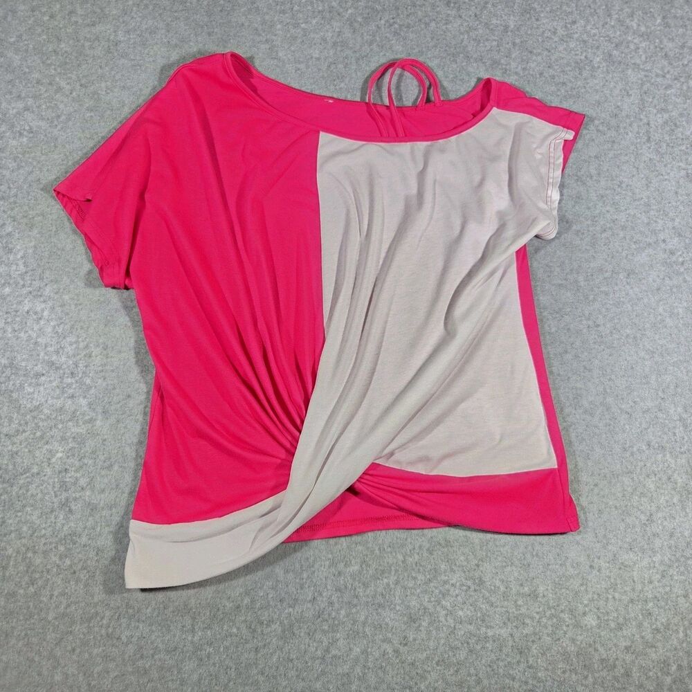 VTG 80s Womens Hot Pink White Colorblock Twist Front Top Strappy Accent